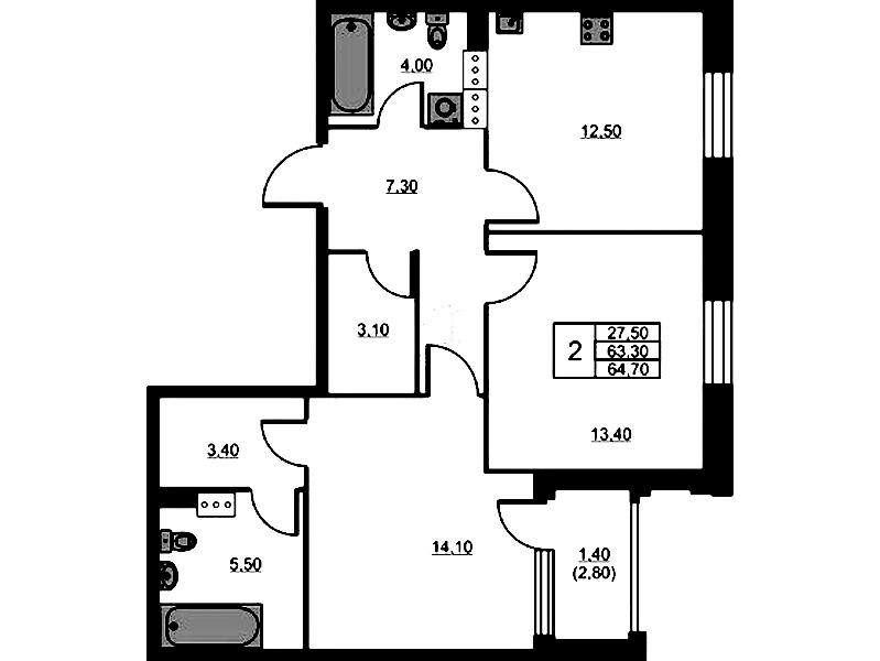 2-комнатная квартира 64.7 м², 8/13 эт., ЖК «Тайм Сквер»